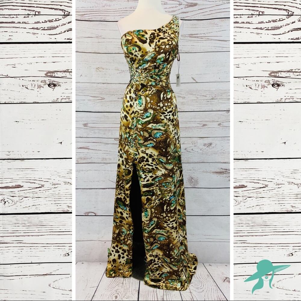 Animal print with teal beaded front slit ruched